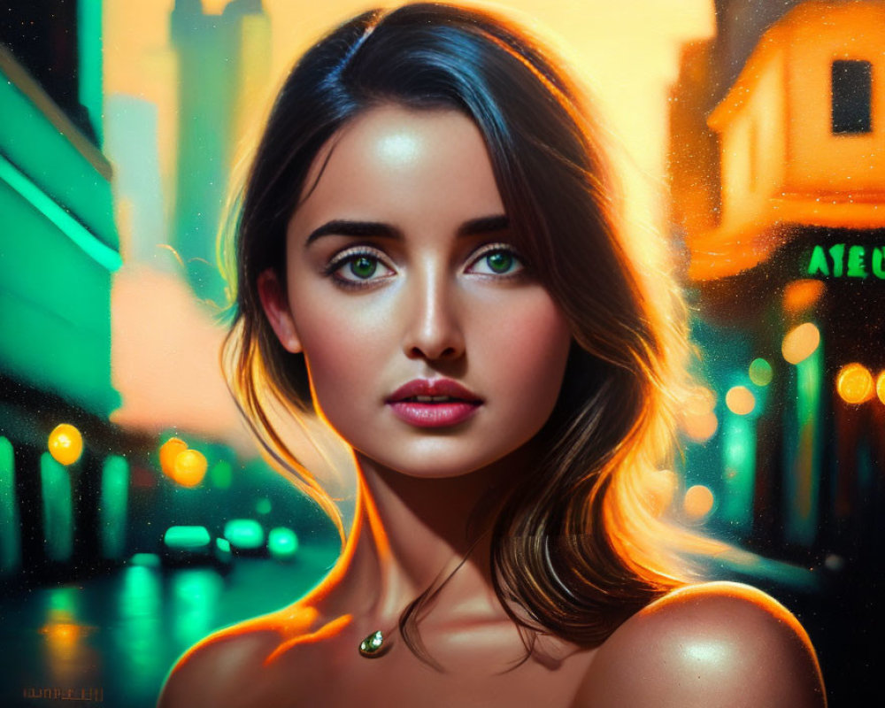 Portrait of woman with dark hair and green eyes against neon-lit city backdrop at dusk.