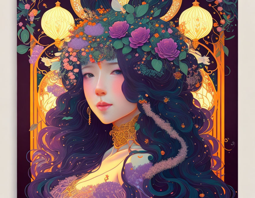 Illustrated portrait of woman with floral headdress and lanterns in warm, rich colors