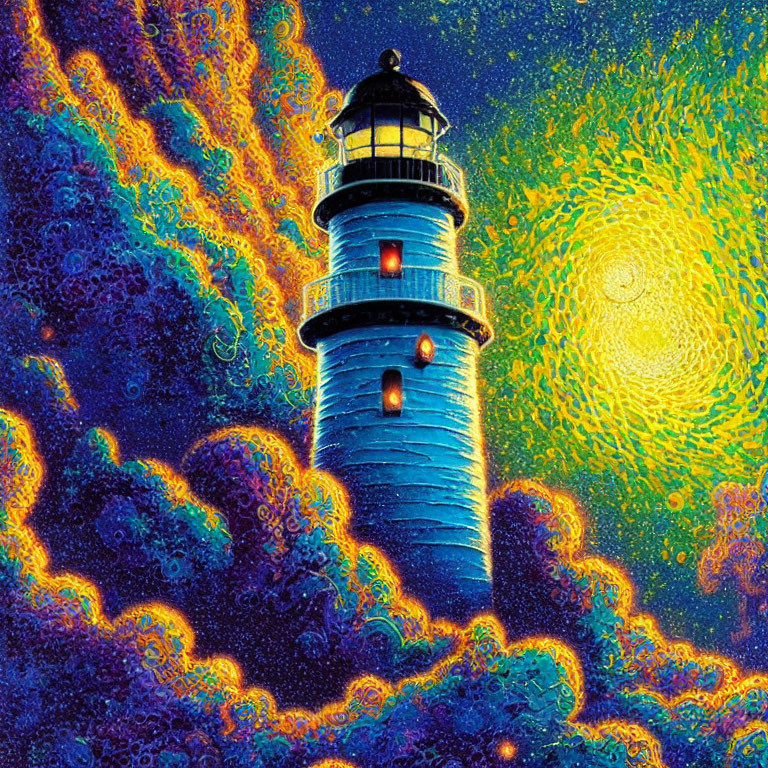Colorful lighthouse artwork with swirling sea and sky in blue, orange, and yellow