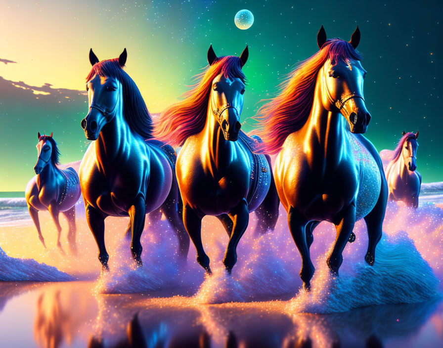 Majestic horses galloping on beach at twilight with full moon.
