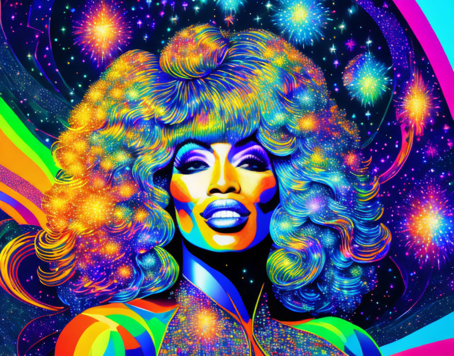 Colorful digital portrait with voluminous hair and makeup on space-themed background.