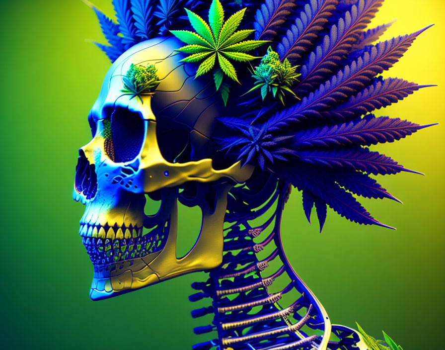 Vibrant digital artwork: Golden skull with cannabis leaves on colorful background
