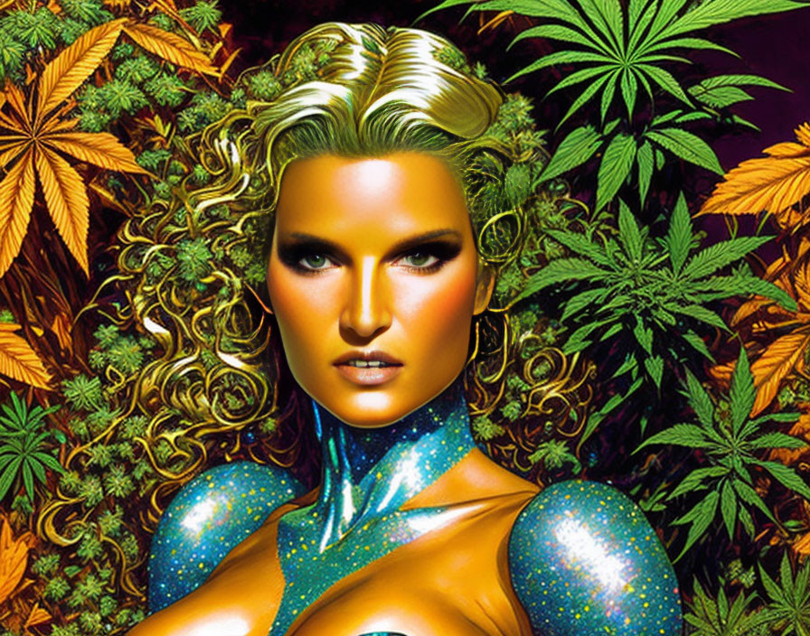Digital artwork: Woman with golden hair and blue, glittery skin on cannabis leaf backdrop.