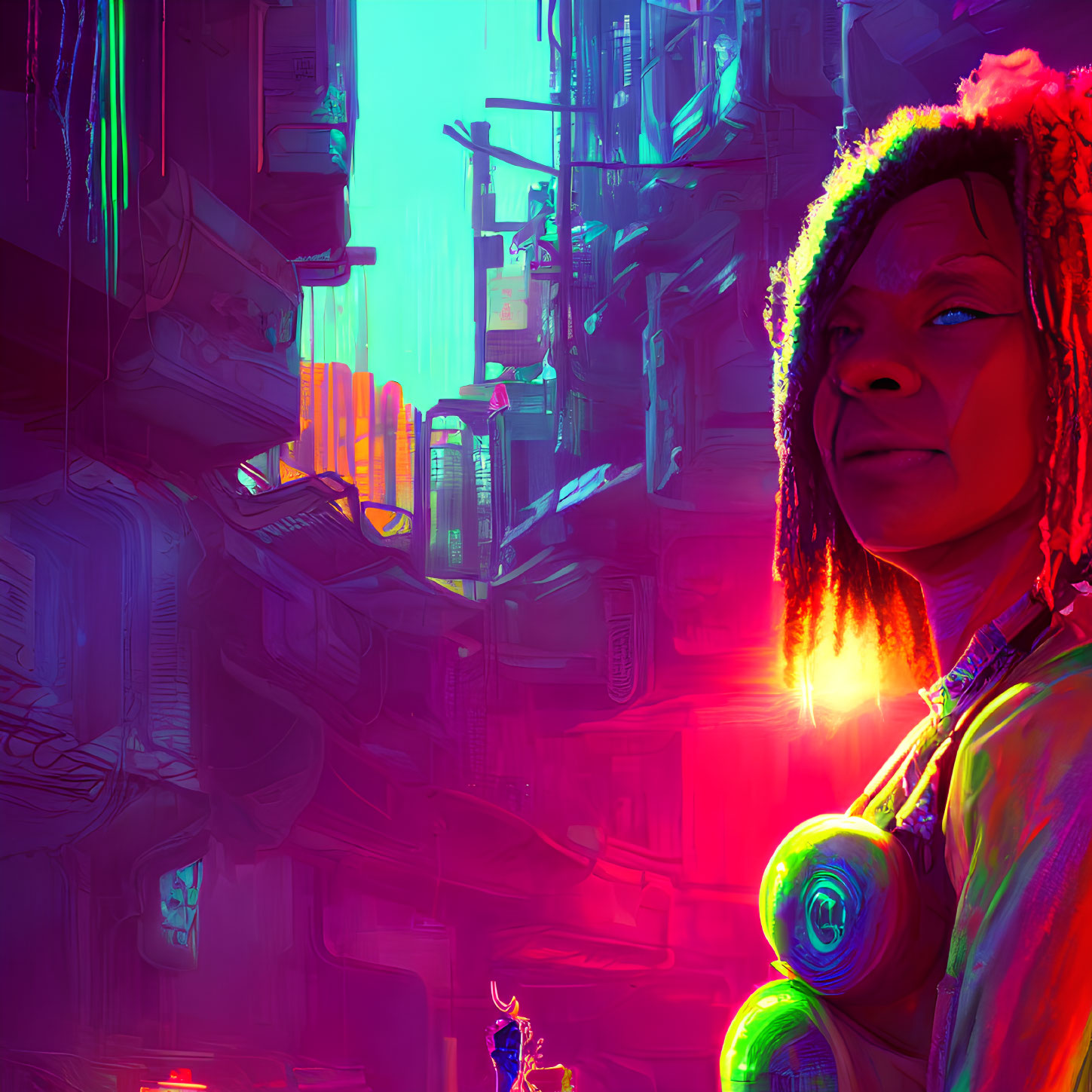 Colorful haired woman in vibrant futuristic cityscape