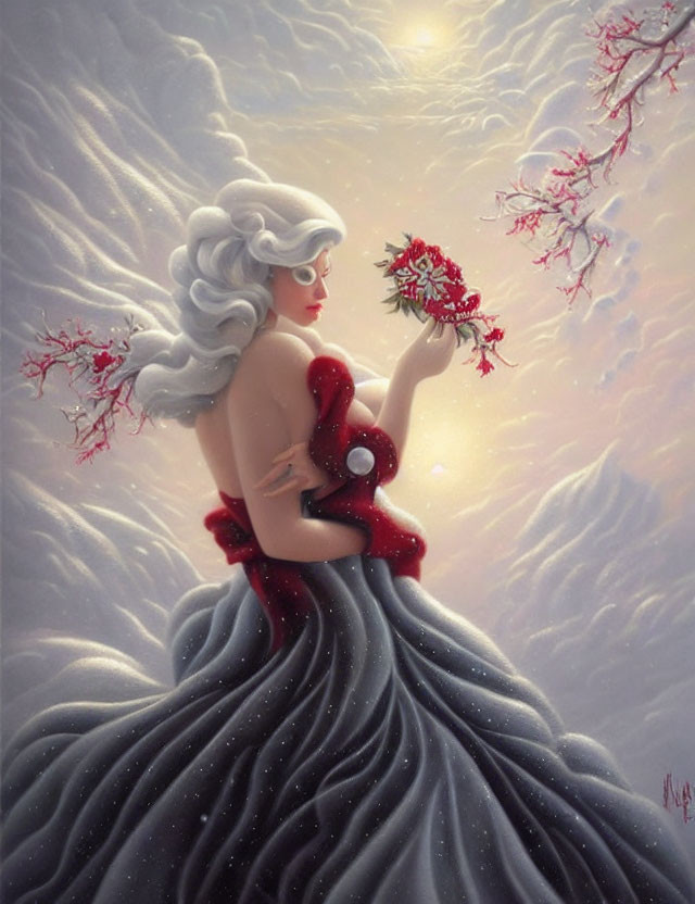 Illustrated woman in red gown with red flowers in misty snowflake backdrop