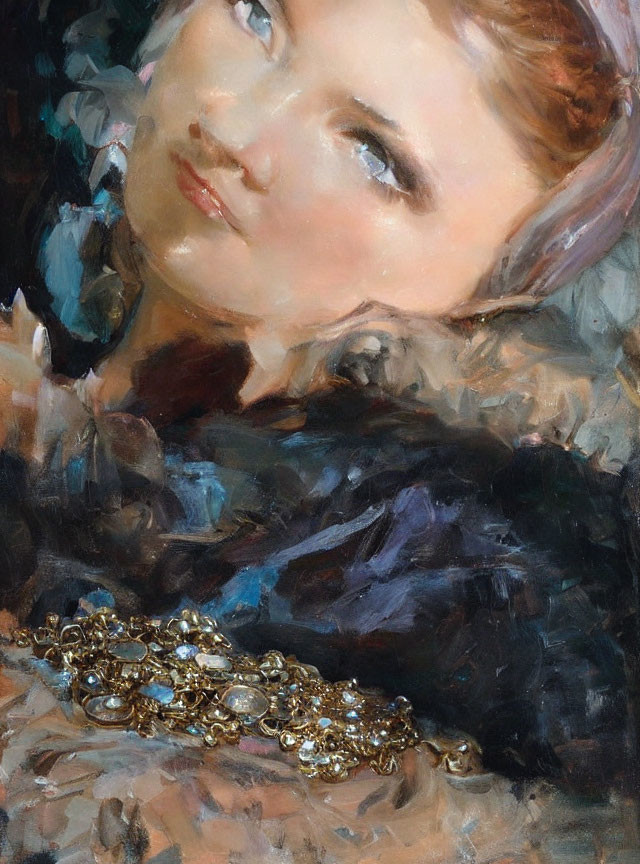 Portrait of Woman with Upturned Glance and Jeweled Necklace in Cool and Warm Tones