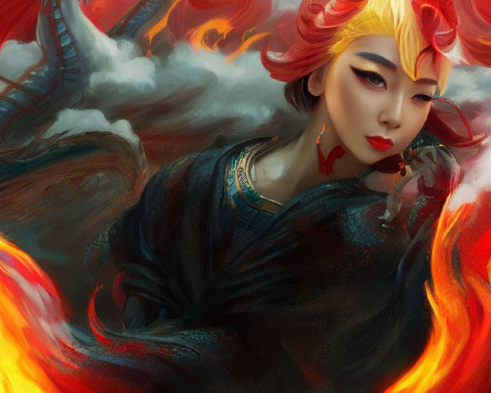 Fiery red-haired woman with dragon and red clouds in gold accents