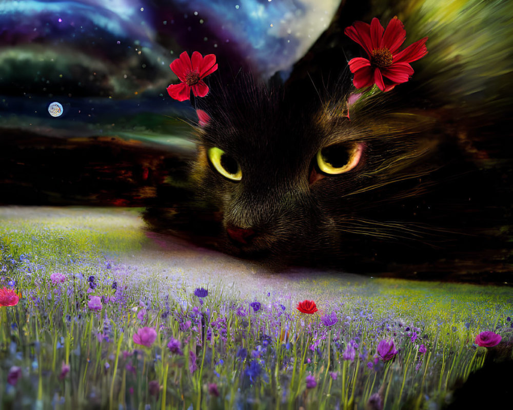 Digital Art: Black Cat's Gaze in Cosmic Flower Field