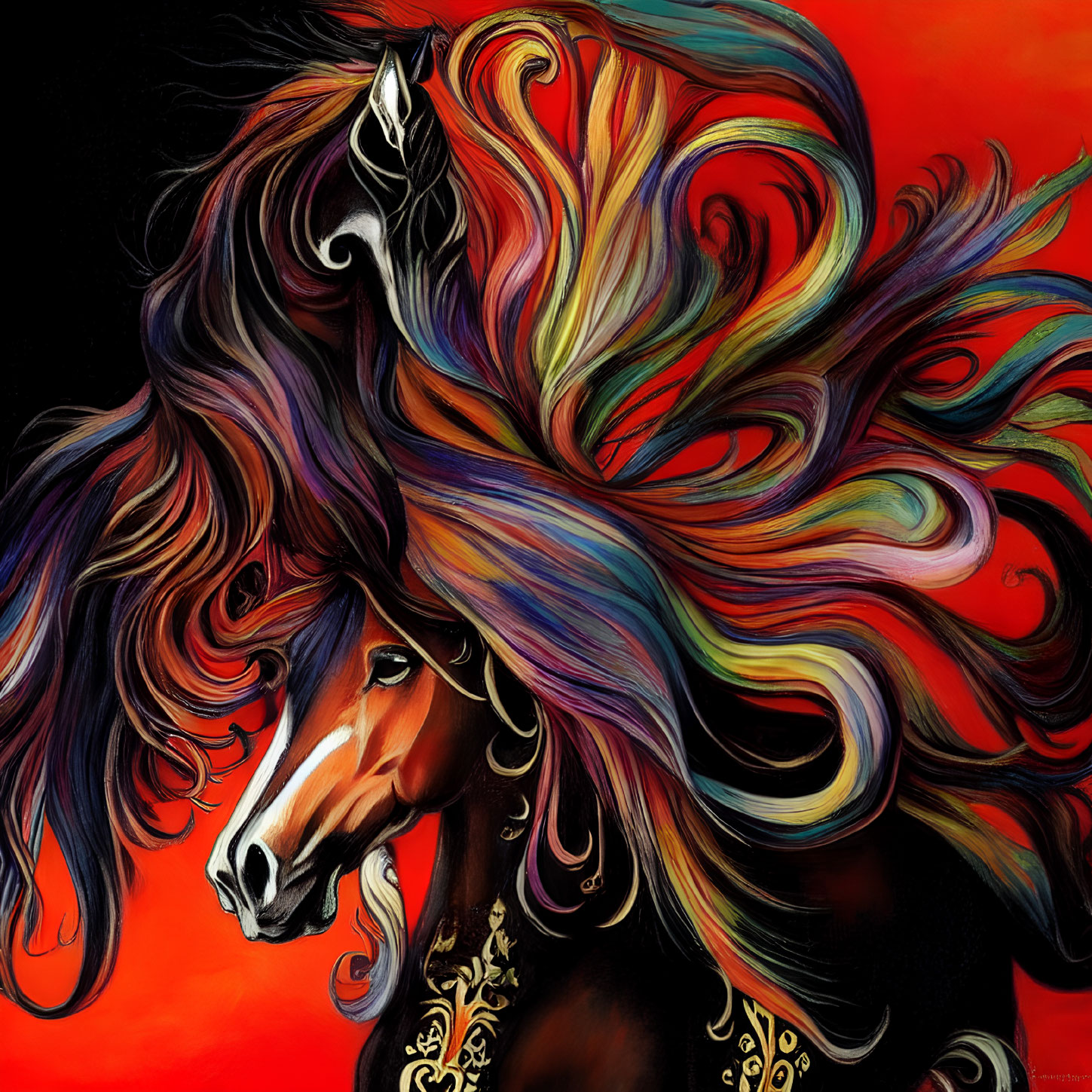 Colorful horse illustration with flowing mane on red background