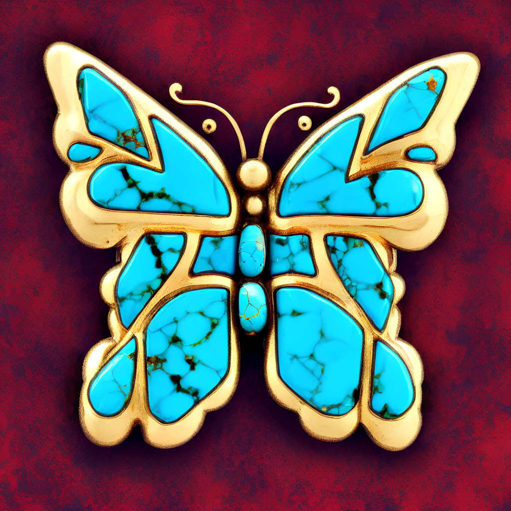 Gold and Turquoise Butterfly Brooch on Burgundy Background
