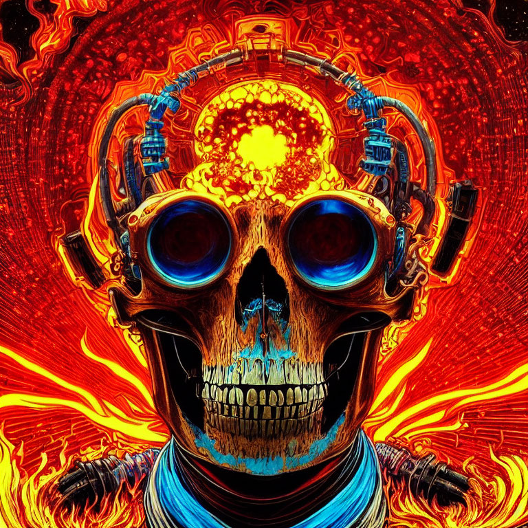 Digital Art: Skull with Cybernetic Enhancements in Fiery Wave Setting