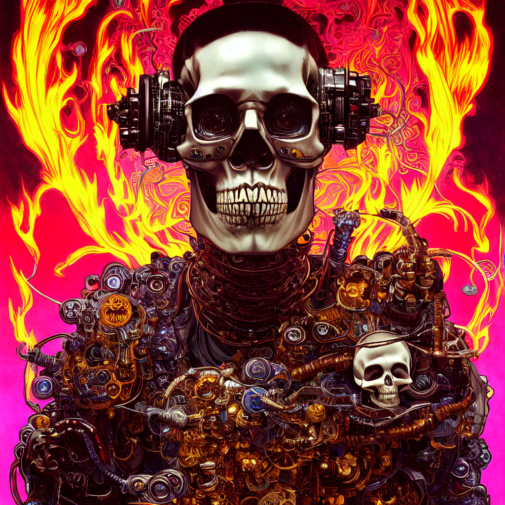 Skull with headphones surrounded by flames and mechanical gears