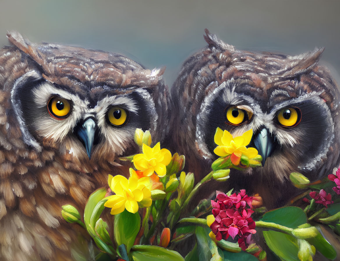 Realistic illustrated owls with yellow eyes in vibrant floral setting