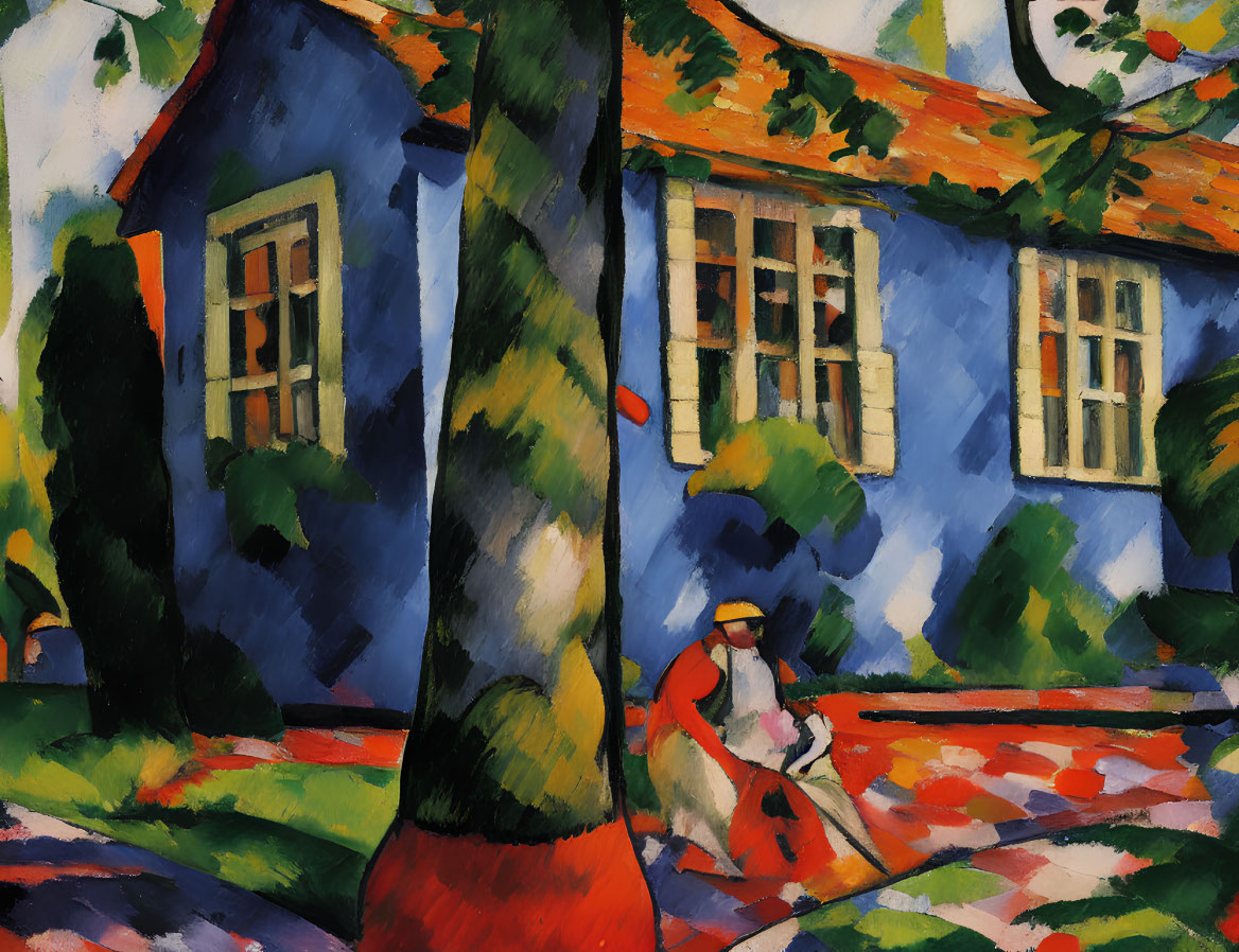 Vibrant expressionist painting of blue house and figure under tree
