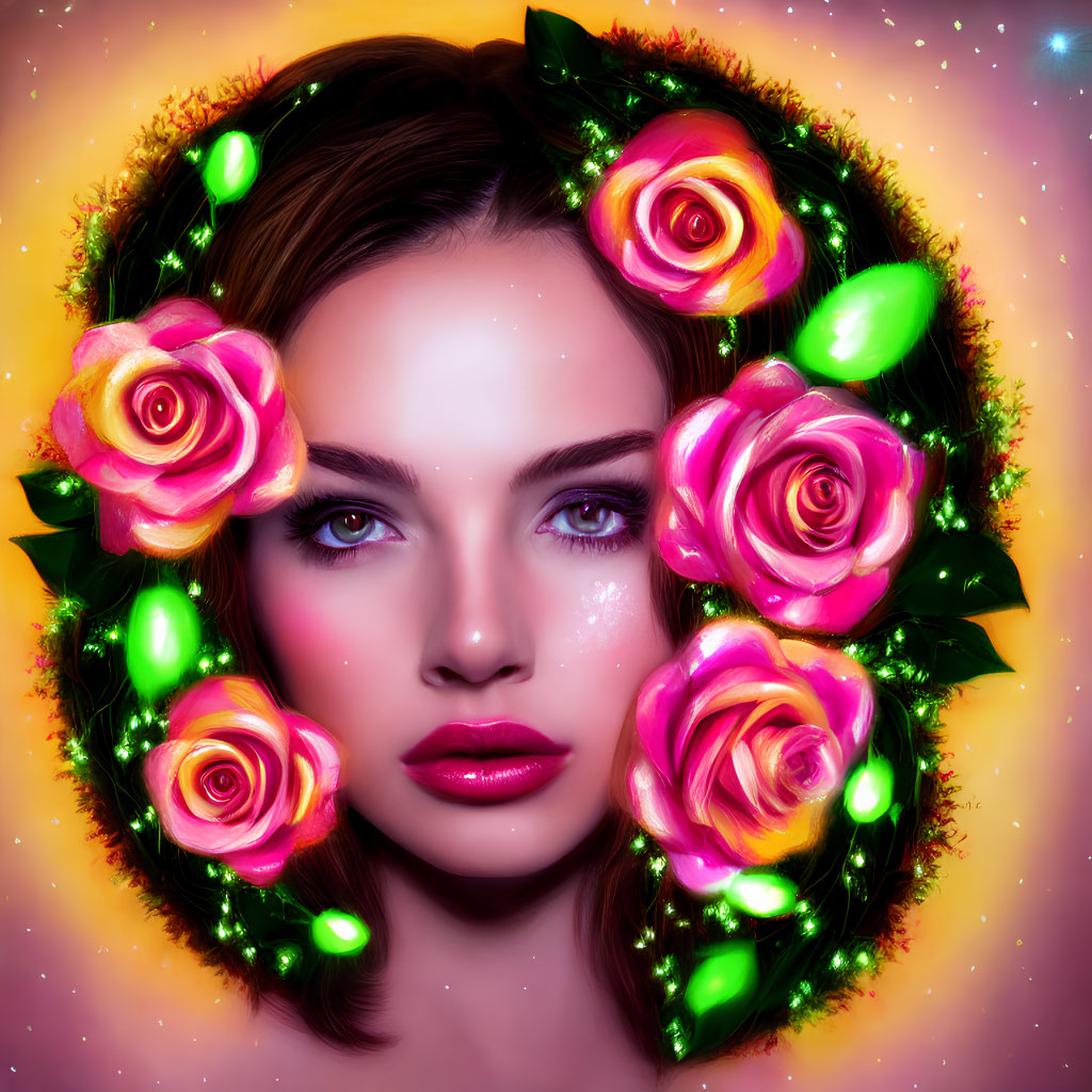 Digital portrait of woman with glowing roses and leaves on starry pink background