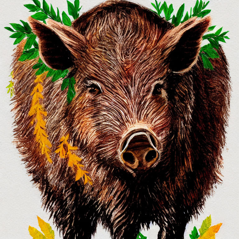 Detailed Brown Wild Boar in Green and Orange Foliage