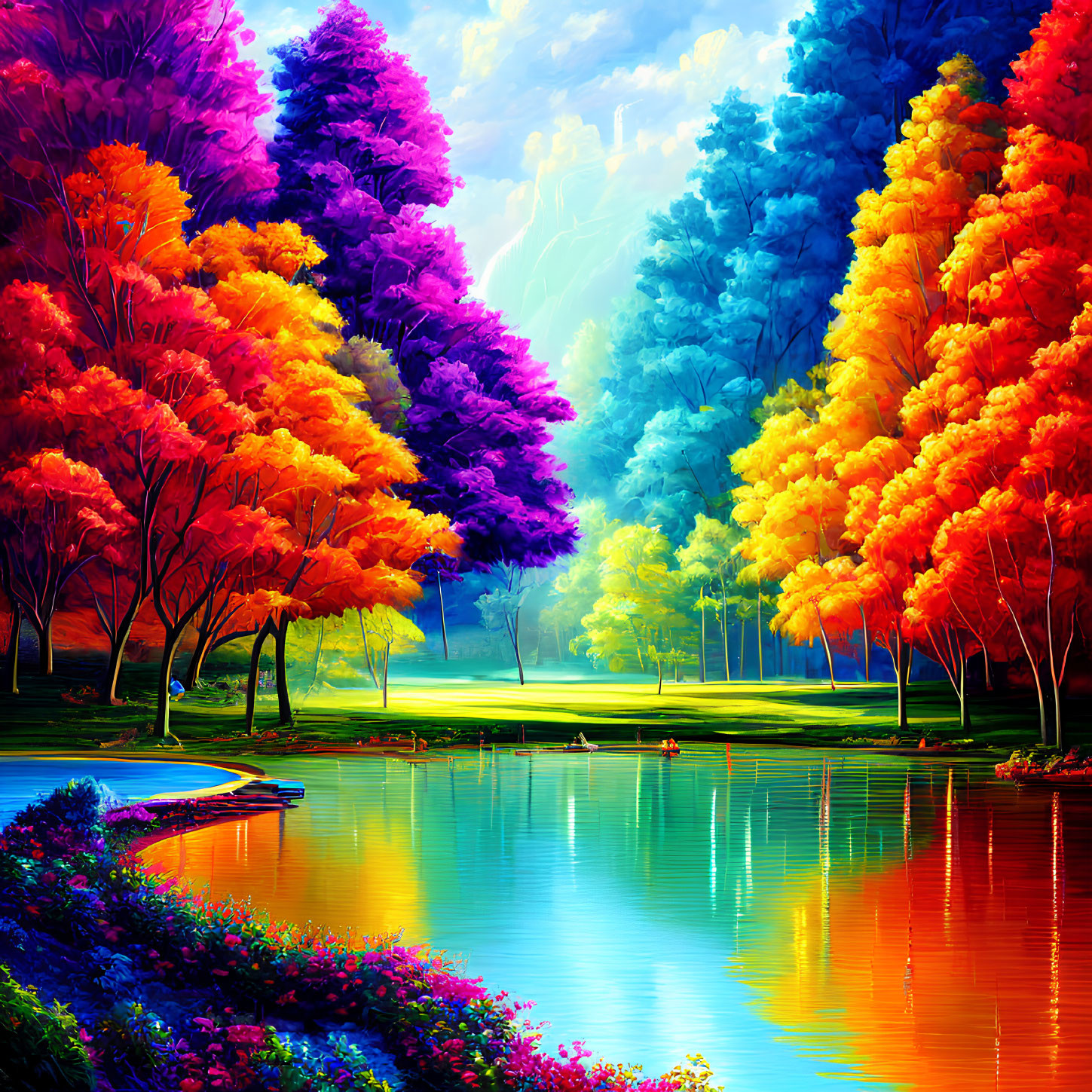 Colorful painting of serene park with rainbow trees and calm lake