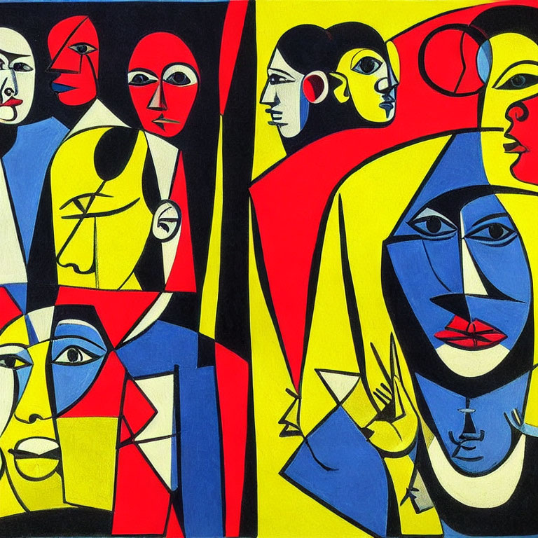 Colorful Cubist Painting with Fragmented Faces in Bold Colors