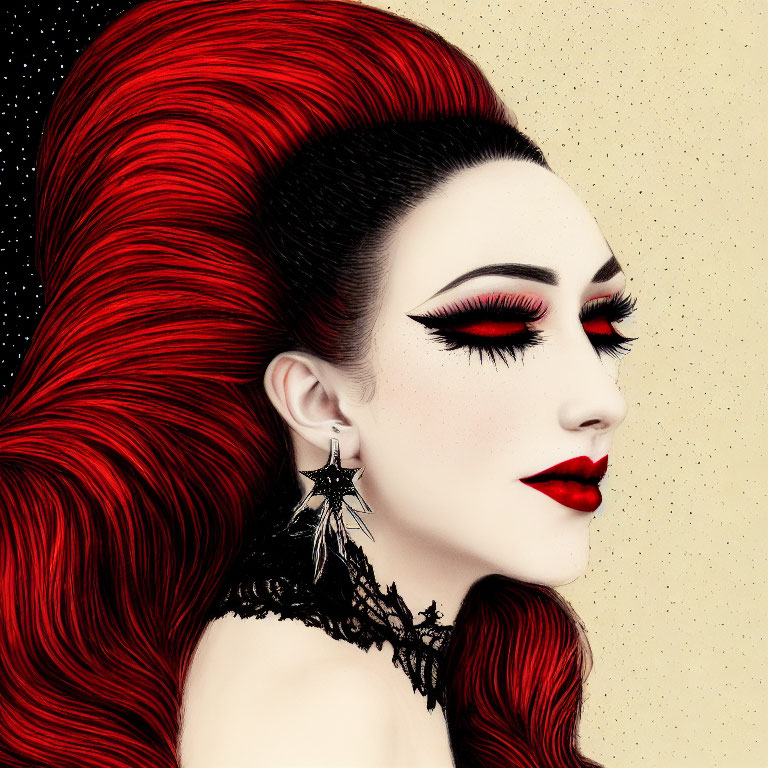 Vibrant red-haired woman with dramatic makeup on speckled background