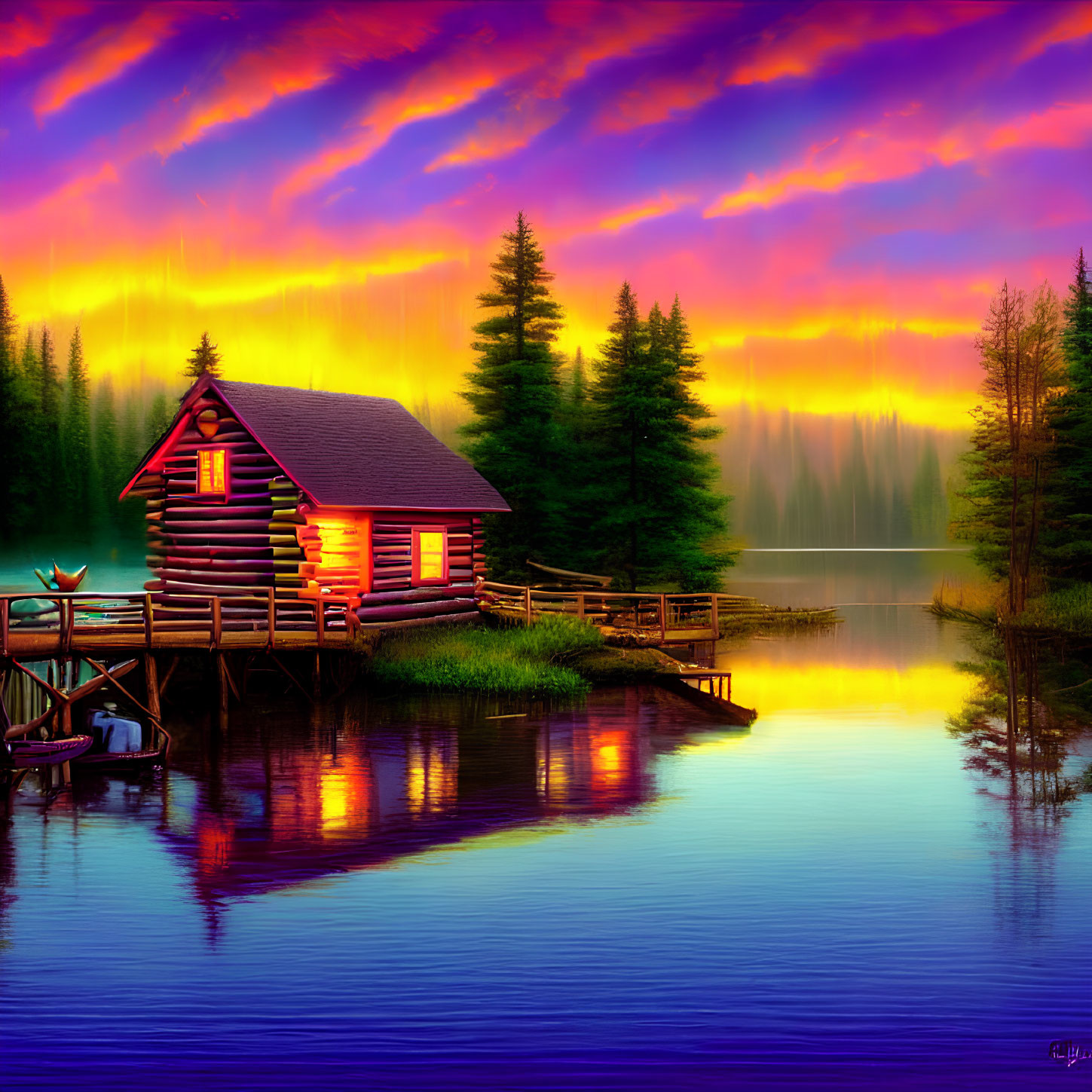 Digital Art: Log Cabin on Lakeside at Sunset