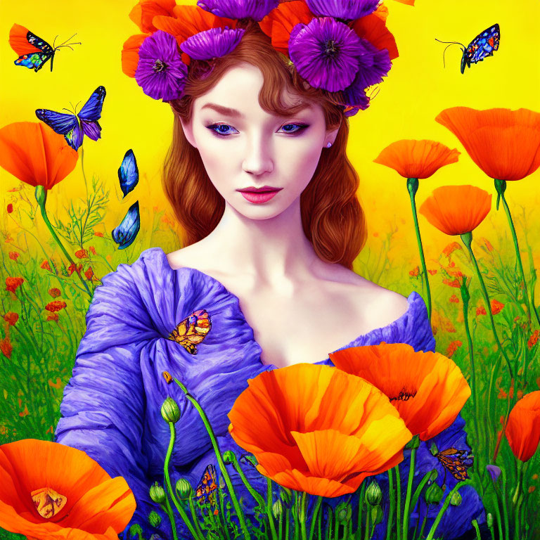 Woman in Purple Dress Surrounded by Orange Poppies and Blue Butterflies