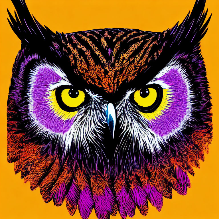 Vibrant Owl Head Illustration with Yellow Eyes and Colorful Feathers