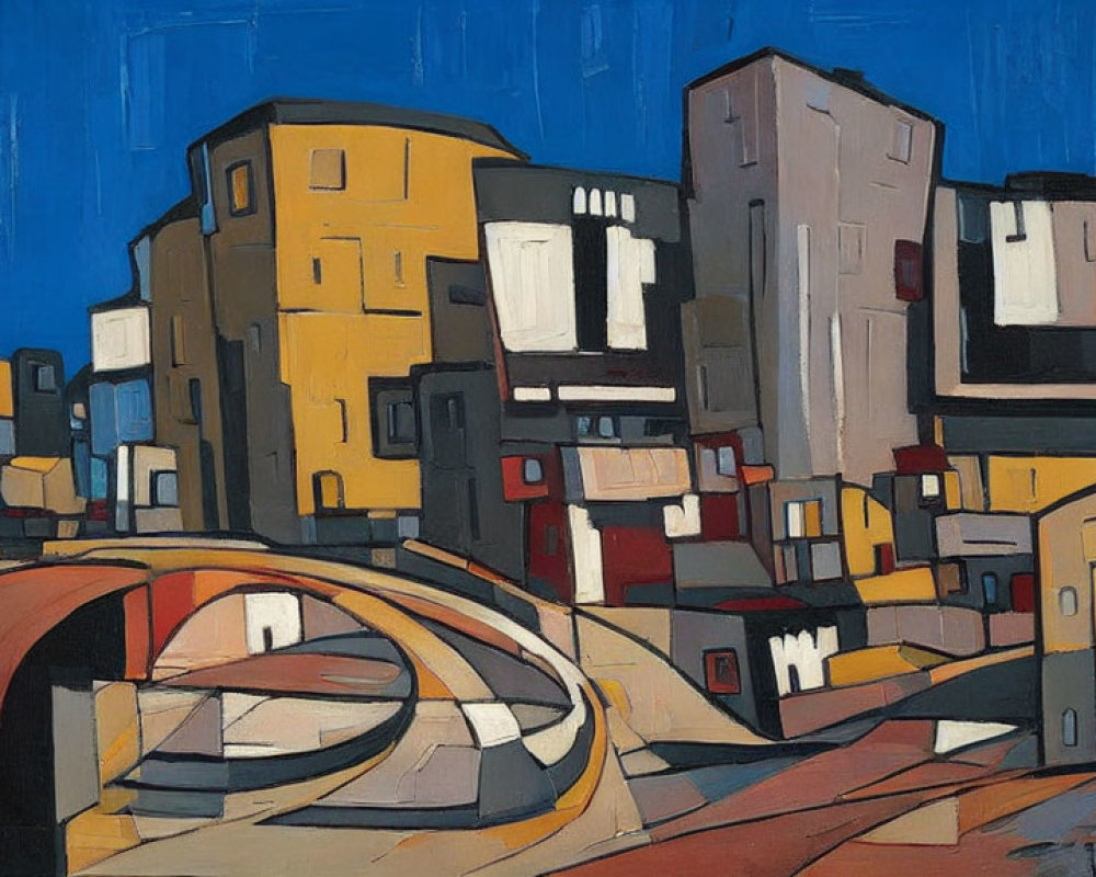Geometric Urban Landscape in Yellow, Brown, and White Against Blue Sky
