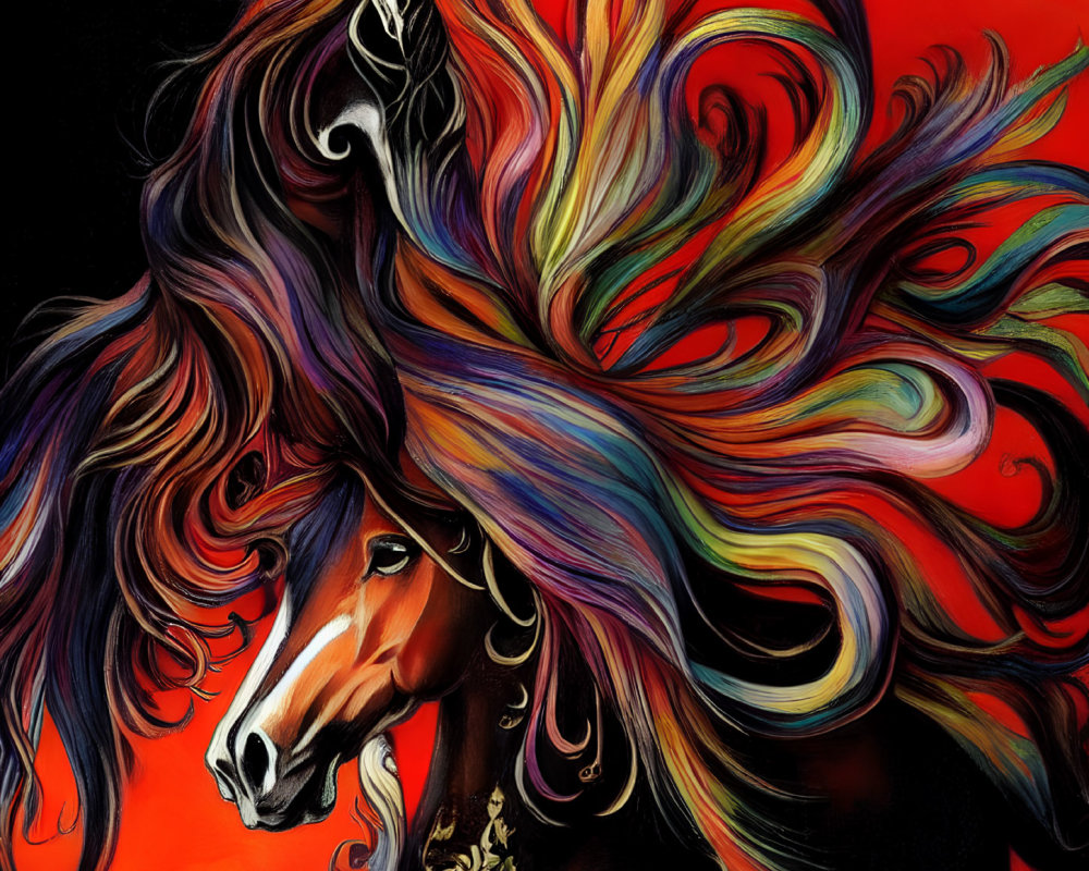Colorful horse illustration with flowing mane on red background