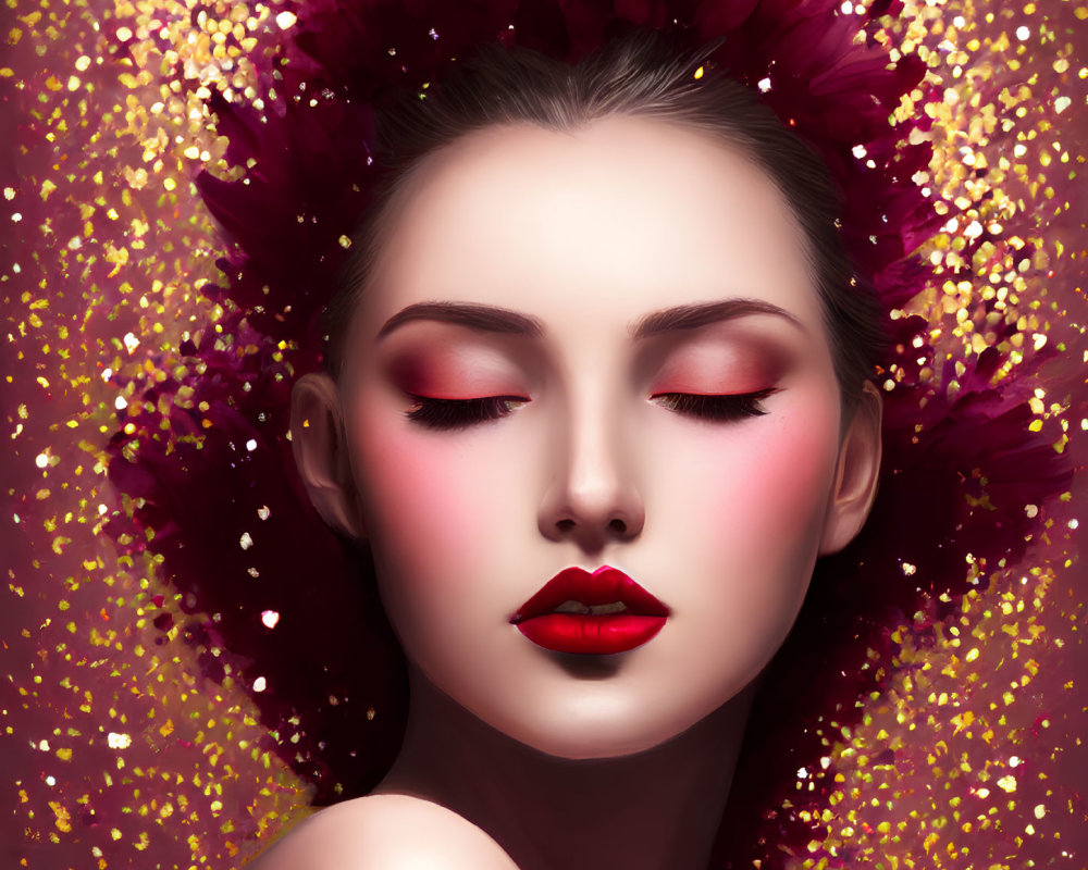 Digital portrait of woman with red lips, rosy cheeks, and burgundy flower crown on golden backdrop