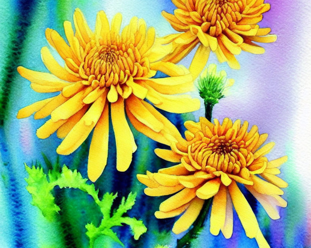 Colorful Watercolor Painting of Three Yellow Gerbera Daisies
