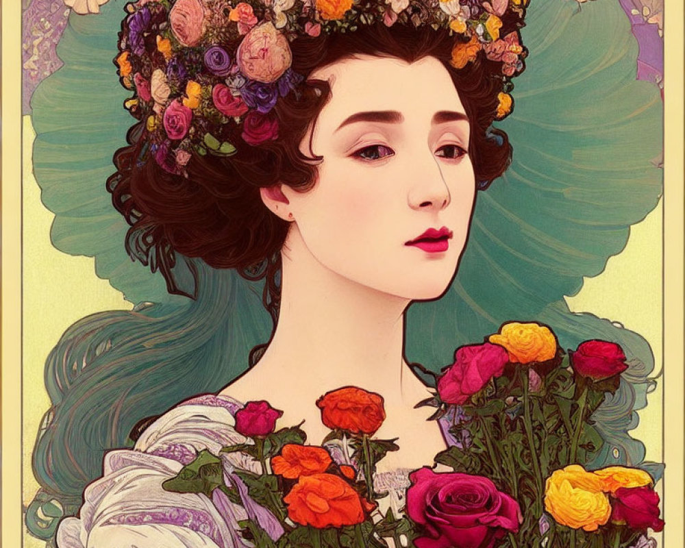 Illustrated portrait of a woman in art nouveau style with floral headdress and bouquet.