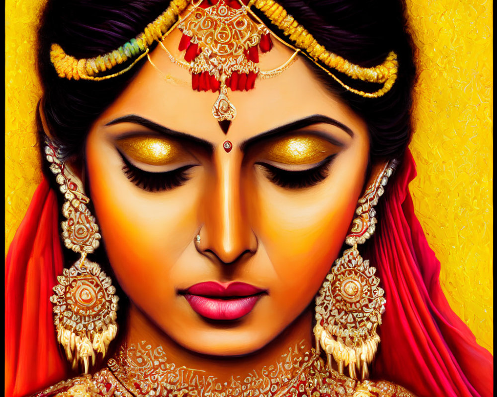 Colorful portrait of woman in traditional Indian bridal attire on yellow background