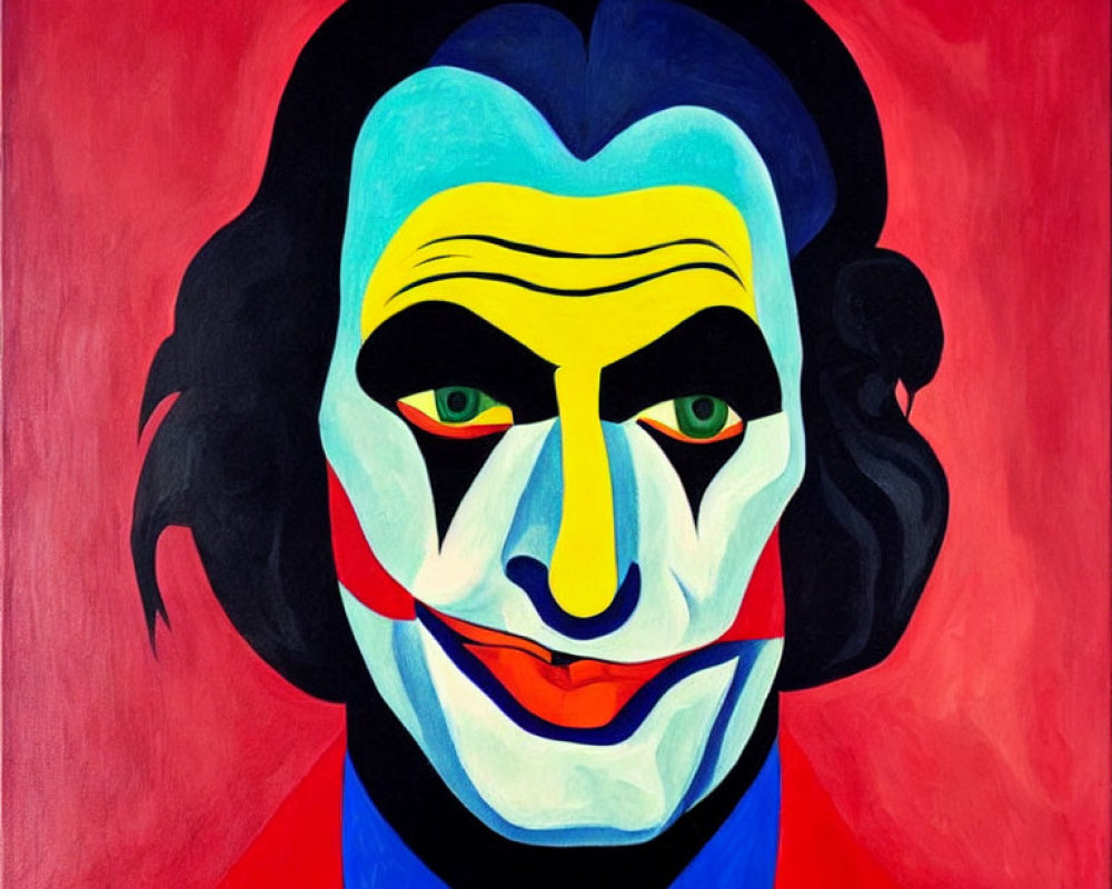Vibrant portrait of a character with clown face paint and red suit