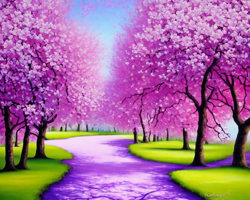Colorful Pathway with Pink Cherry Blossom Trees and Radiant Light