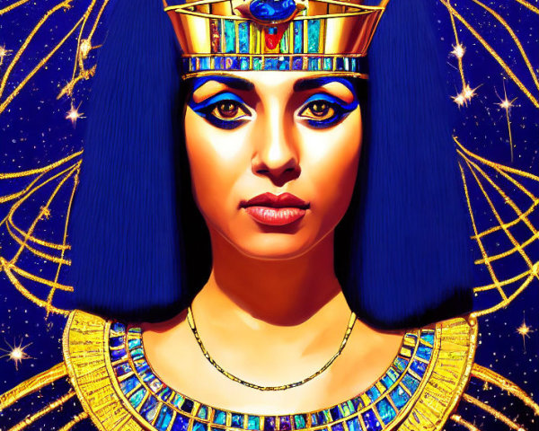 Woman in Ancient Egyptian Pharaoh Style with Blue and Gold Headdress