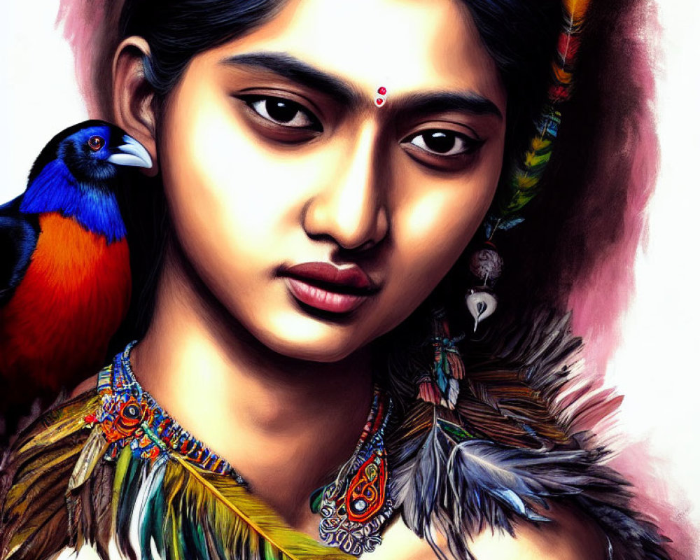 Colorful illustration of woman with bindi, jewelry, feathers, and bird