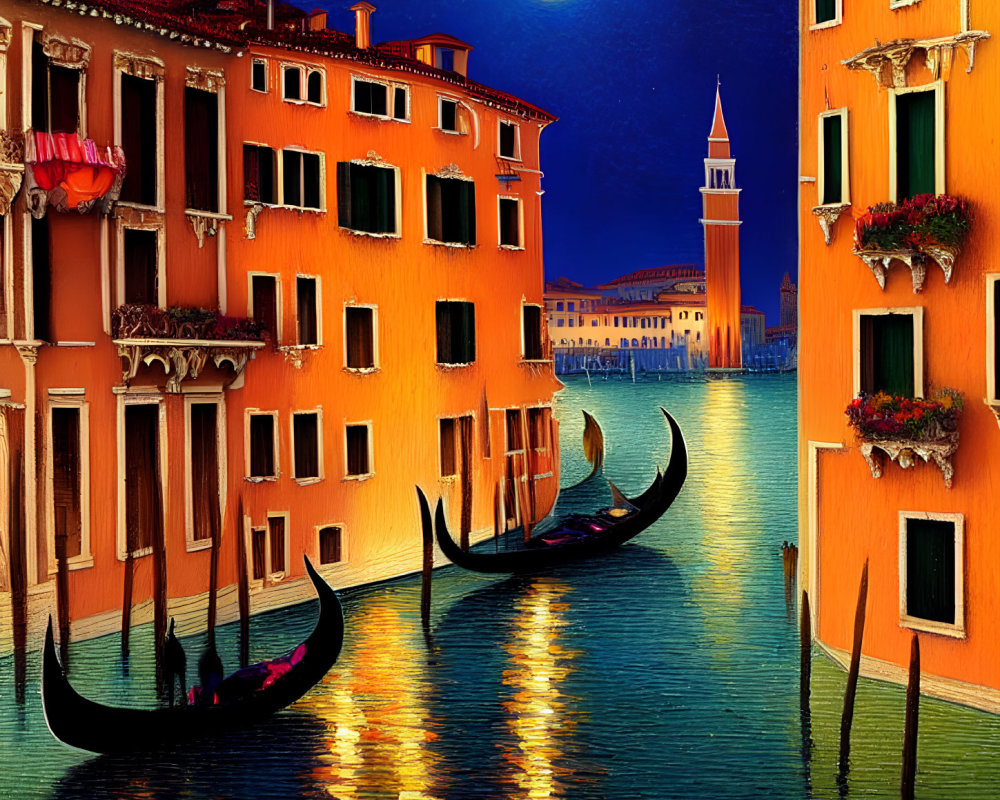 Nighttime painting of Venice with gondolas, orange buildings, and full moon reflection
