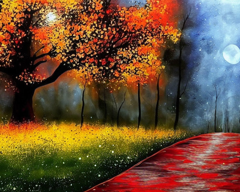 Colorful autumn forest painting with red path, full moon, and starry sky
