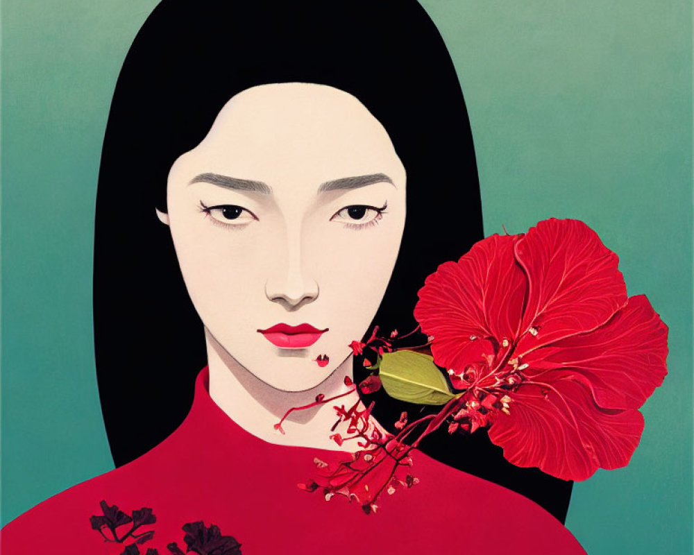 Illustration of woman with pale skin and dark hair in red floral outfit with hibiscus flower