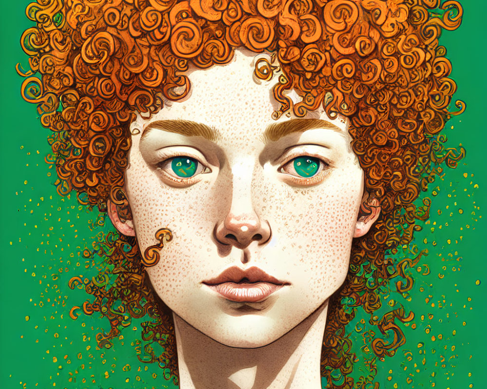 Detailed Illustration: Vibrant Curly Red Hair & Freckles on Green Background