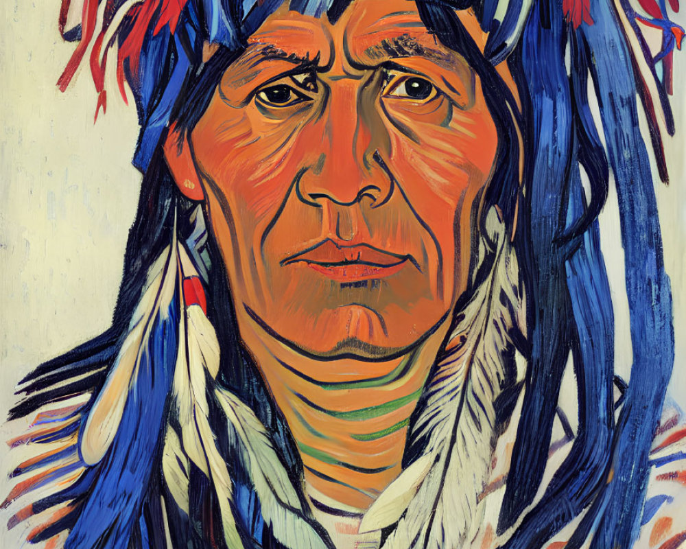 Detailed painting of individual with indigenous headdress and traditional facial markings
