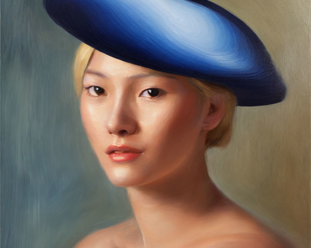 Portrait of Individual with Short Blonde Hair in Striking Blue Hat