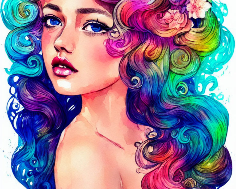 Vibrant woman illustration with colorful curly hair and floral adornments