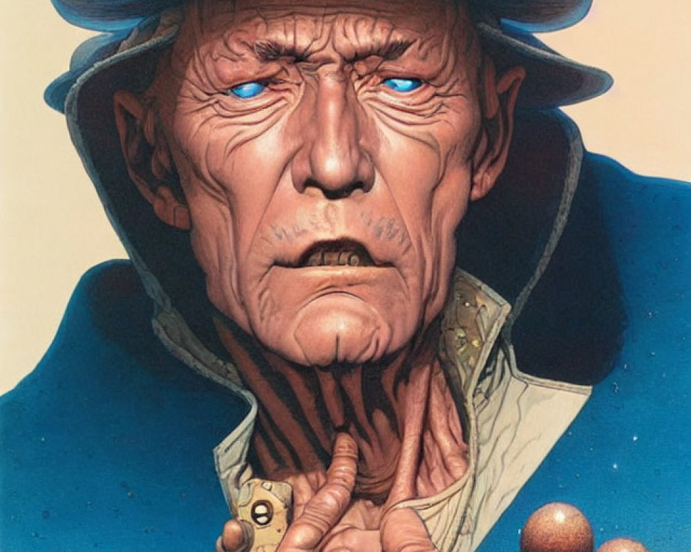 Detailed Illustration: Elderly Man in Futuristic Blue Uniform and Cowboy Hat with Hovering Orbs
