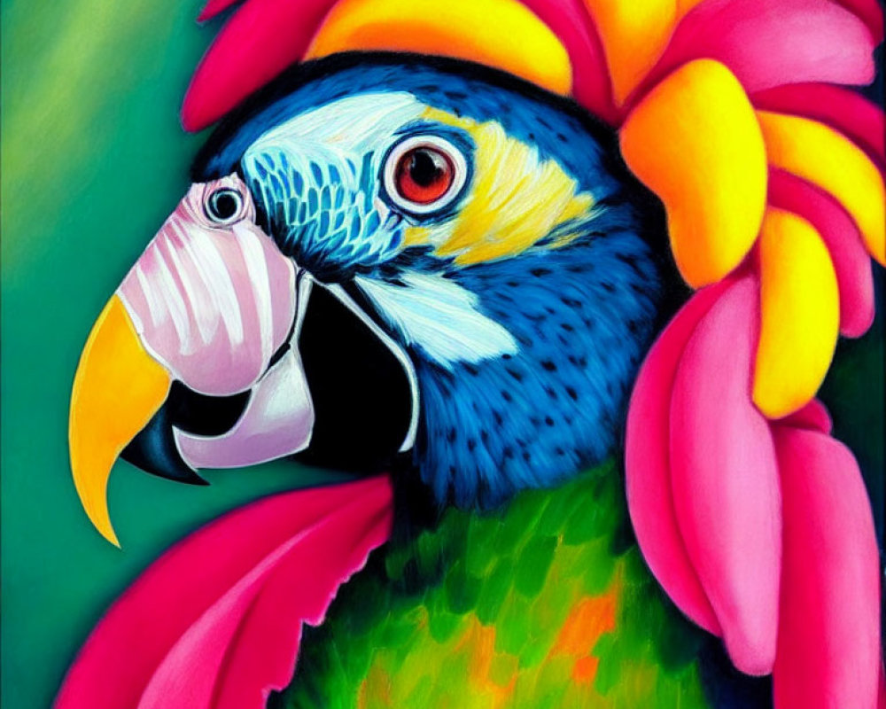 Colorful Parrot Painting with Blue, Green, and Pink Plumage