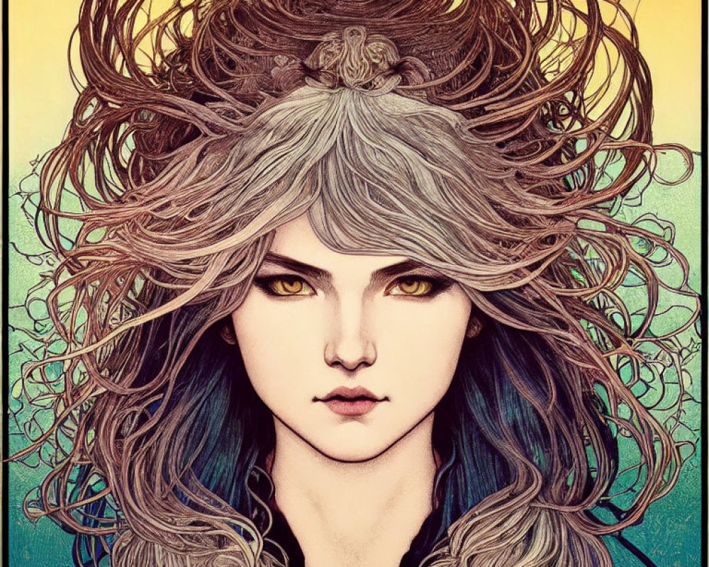 Detailed illustration of person with voluminous hair, yellow eyes, and stoic expression