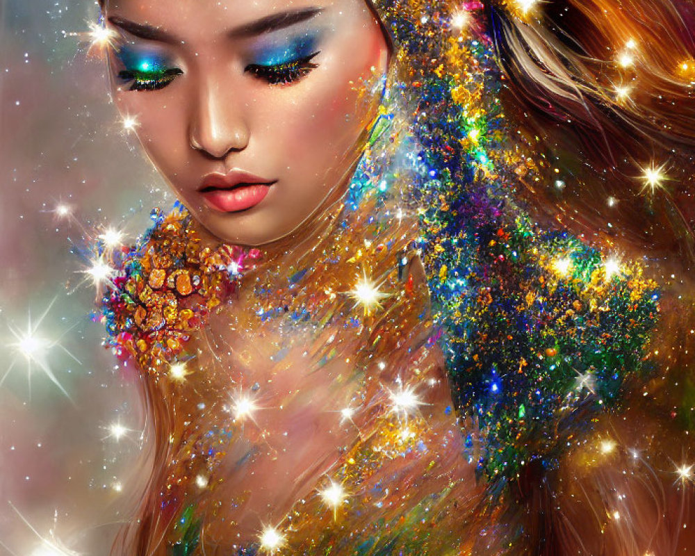 Cosmic-inspired makeup and galaxy-themed attire on a woman