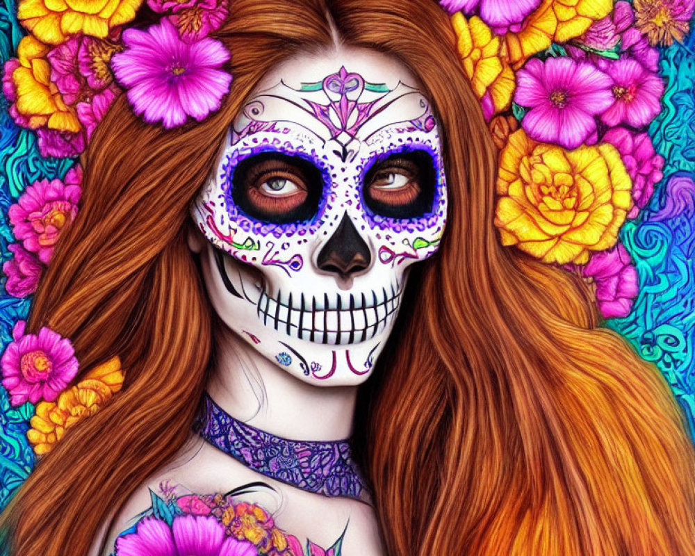 Colorful Dia de los Muertos sugar skull face paint on woman amidst vibrant flowers