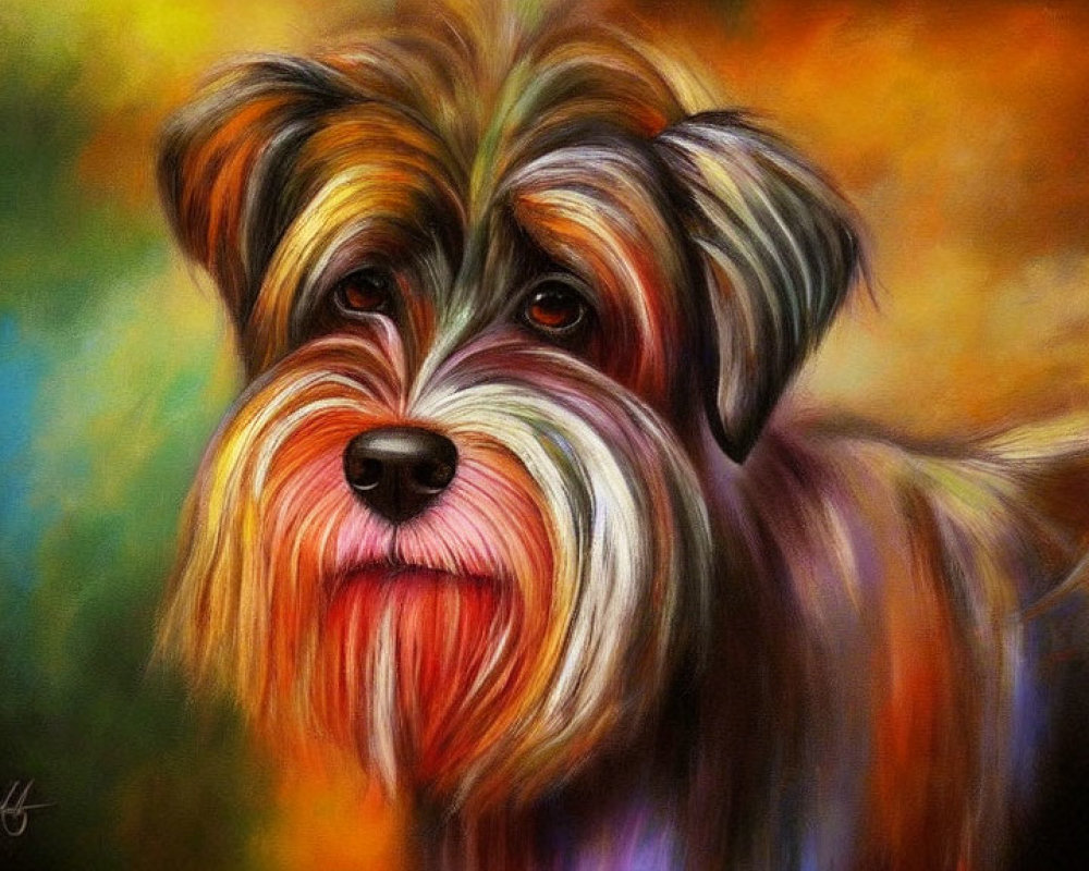 Colorful Dog Painting with Expressive Eyes and Shaggy Coat on Abstract Background