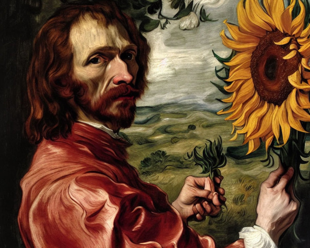 Portrait of bearded man with sunflower in red shirt on landscape background